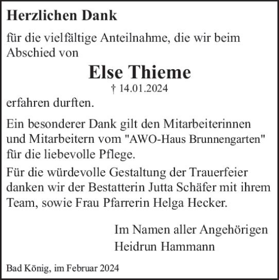 Traueranzeige von Else Thieme von Odenwälder Echo