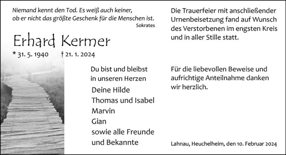  Traueranzeige für Erhard Kermer vom 10.02.2024 aus Wetzlarer Neue Zeitung
