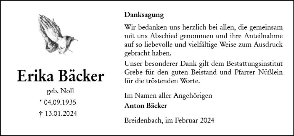  Traueranzeige für Erika Bäcker vom 24.02.2024 aus Hinterländer Anzeiger