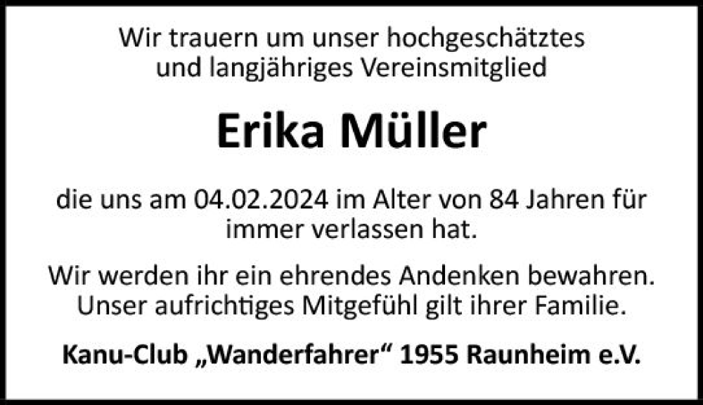  Traueranzeige für Erika Müller vom 24.02.2024 aus Rüsselsheimer Echo