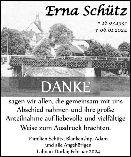 Traueranzeige von Erna Schütz von Wetzlarer Neue Zeitung