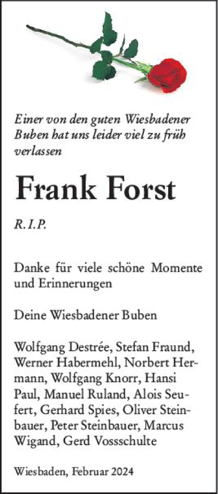  Traueranzeige für Frank Forst vom 17.02.2024 aus Wiesbadener Kurier
