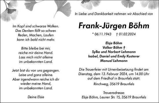 Traueranzeige von Frank-Jürgen Böhm von Wetzlarer Neue Zeitung