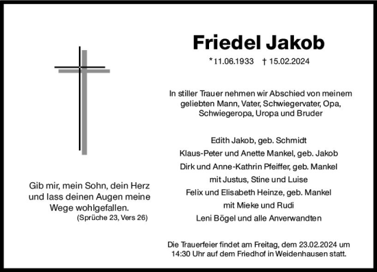 Traueranzeige von Friedel Jakob von Hinterländer Anzeiger