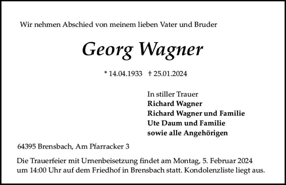  Traueranzeige für Georg Wagner vom 03.02.2024 aus Odenwälder Echo