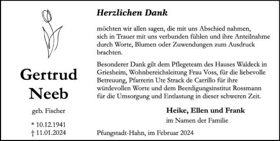 Traueranzeige von Gertrud Neeb von Darmstädter Echo