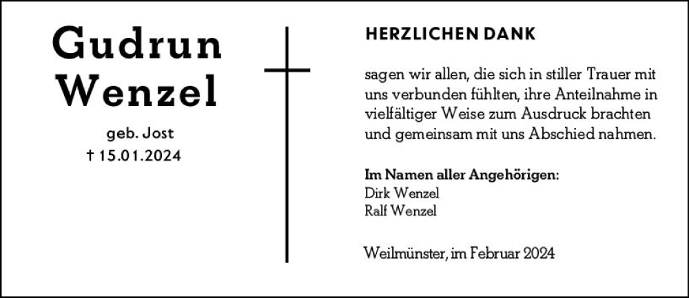 Traueranzeige für Gudrun Wenzel vom 24.02.2024 aus Weilburger Tageblatt