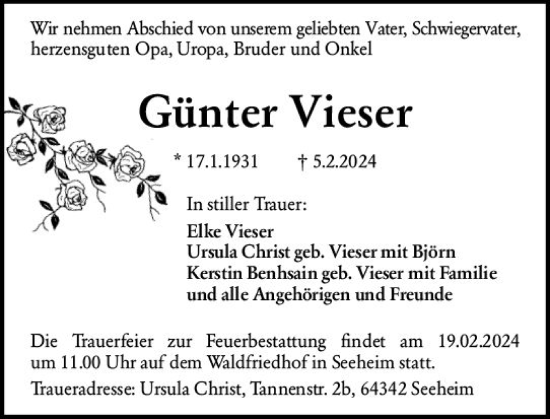 Traueranzeige von Günter Vieser von Darmstädter Echo