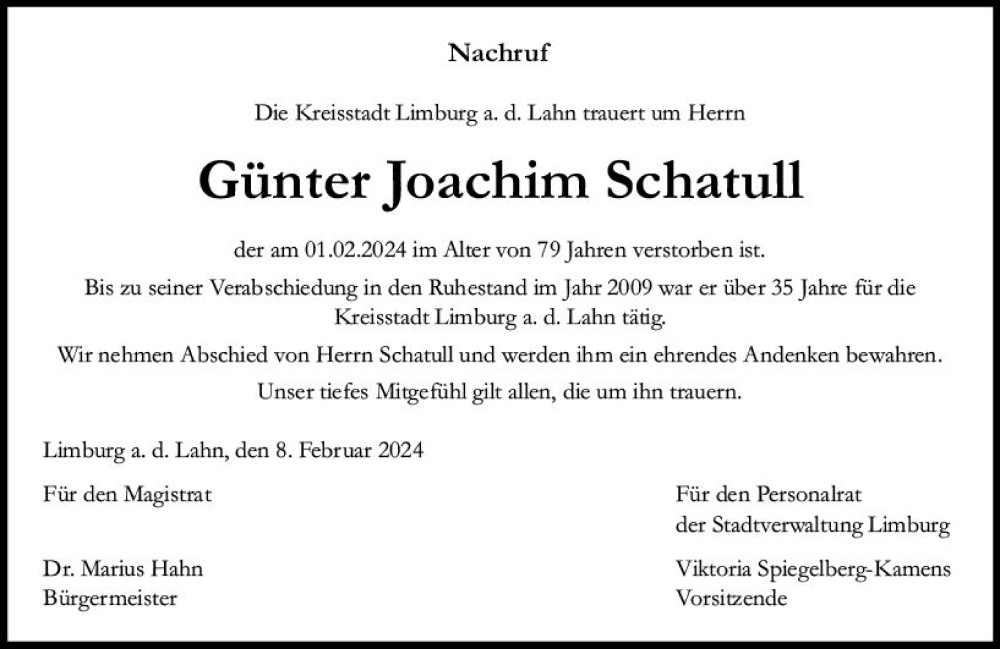  Traueranzeige für Günter Joachim Schatull vom 12.02.2024 aus Nassauische Neue Presse