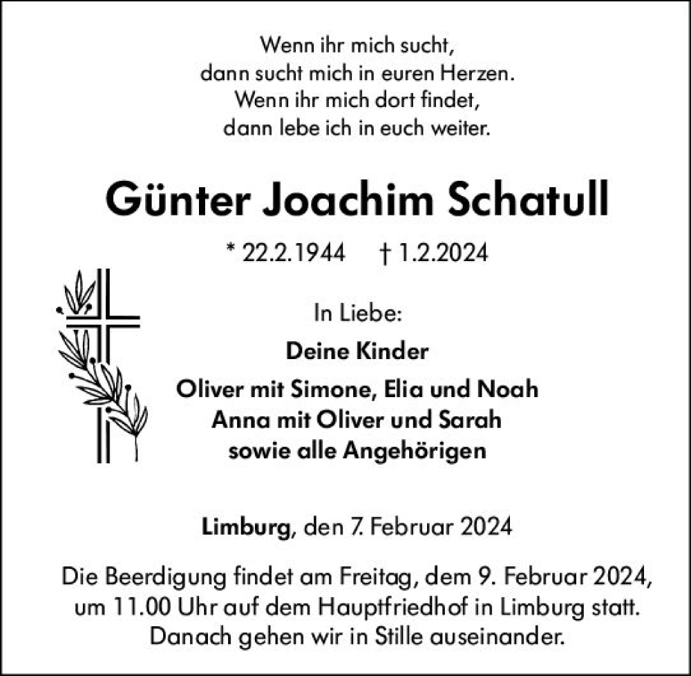  Traueranzeige für Günter Joachim Schatull vom 07.02.2024 aus Nassauische Neue Presse
