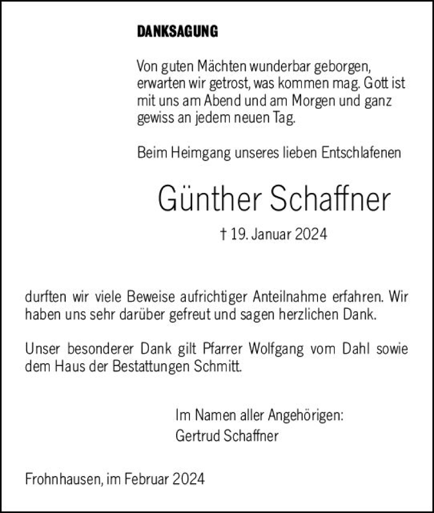  Traueranzeige für Günther Schaffner vom 17.02.2024 aus Dill Block