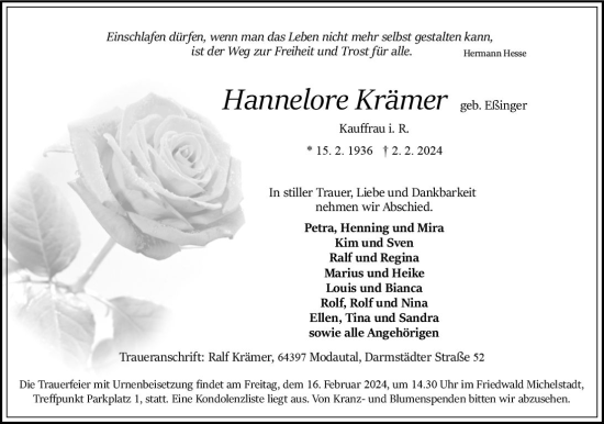 Traueranzeige von Hannelore Krämer von Bergsträßer Anzeiger