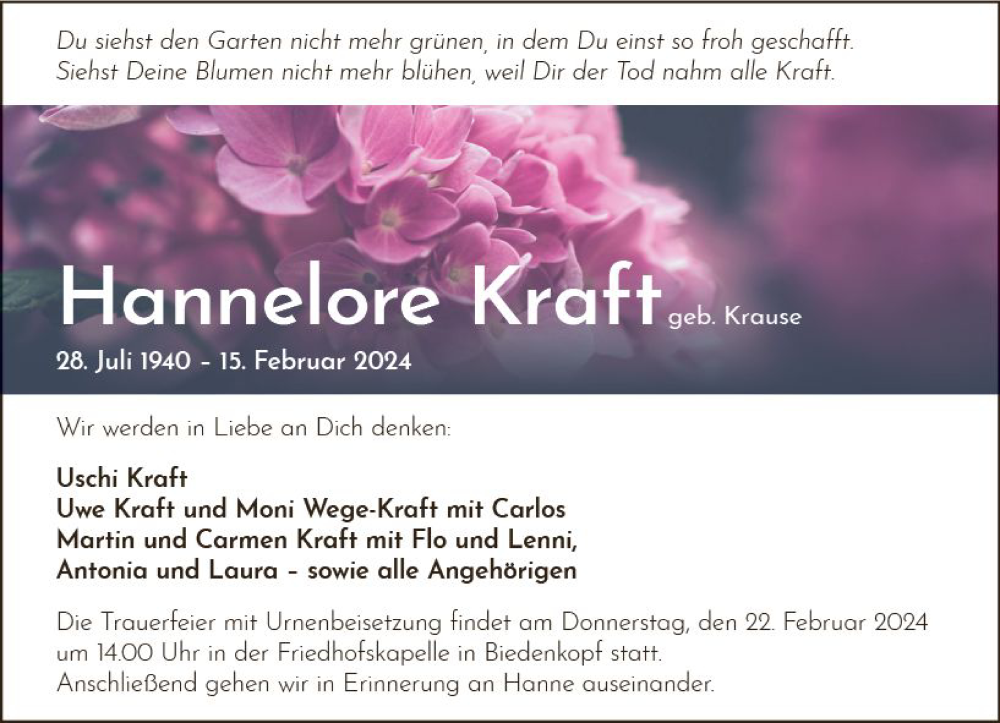  Traueranzeige für Hannelore Kraft vom 20.02.2024 aus Hinterländer Anzeiger