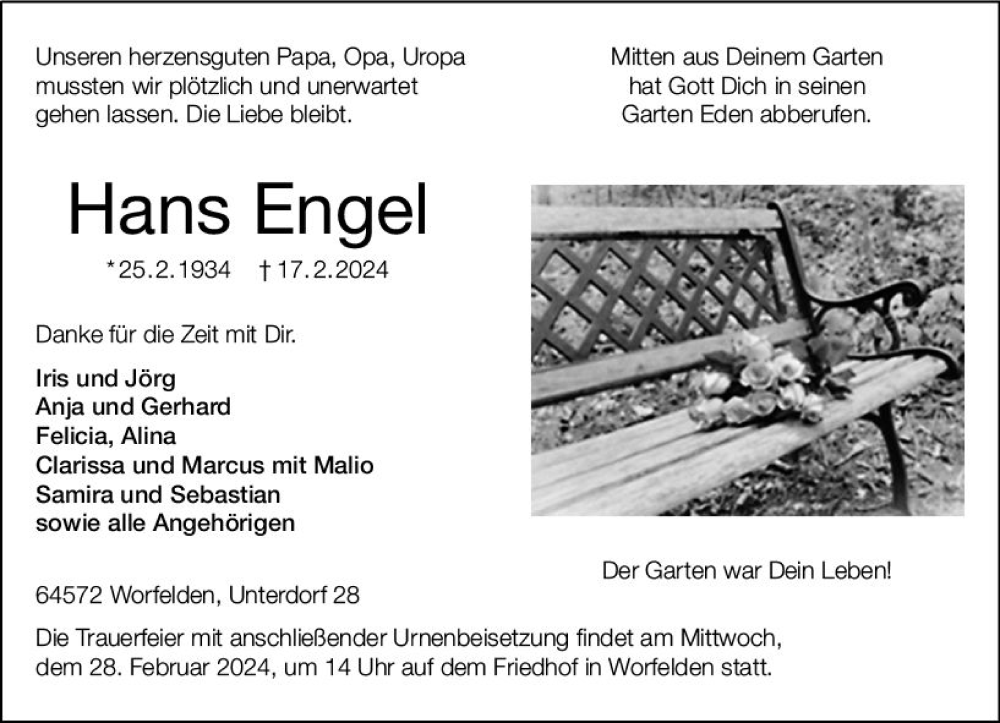  Traueranzeige für Hans Engel vom 24.02.2024 aus Groß-Gerauer Echo
