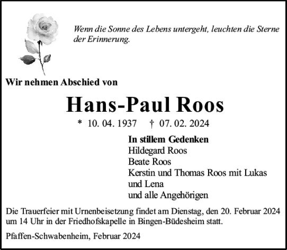  Traueranzeige für Hans-Paul Roos vom 17.02.2024 aus Allgemeine Zeitung Bingen/Ingelheim
