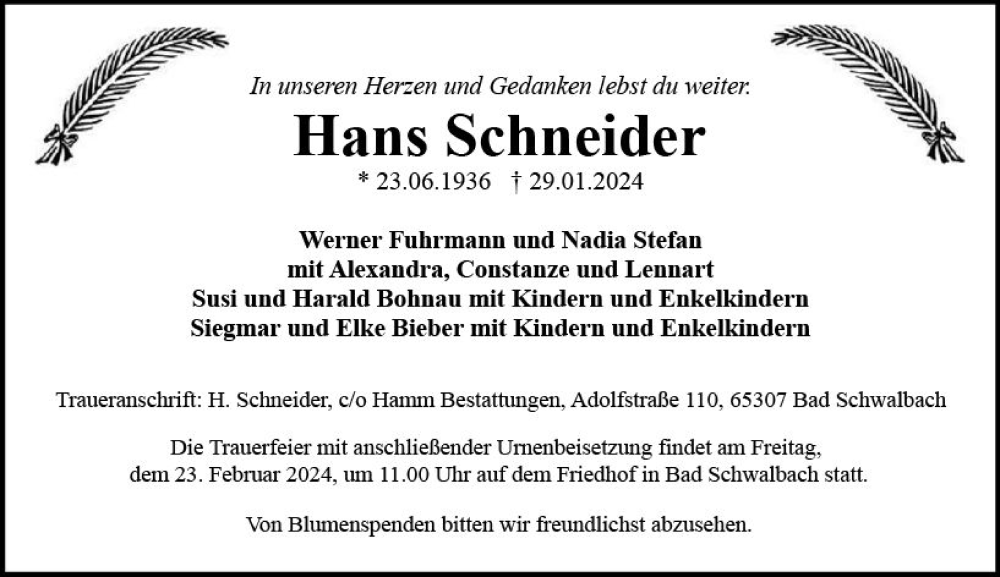  Traueranzeige für Hans Schneider vom 10.02.2024 aus Idsteiner Land/Untertaunus