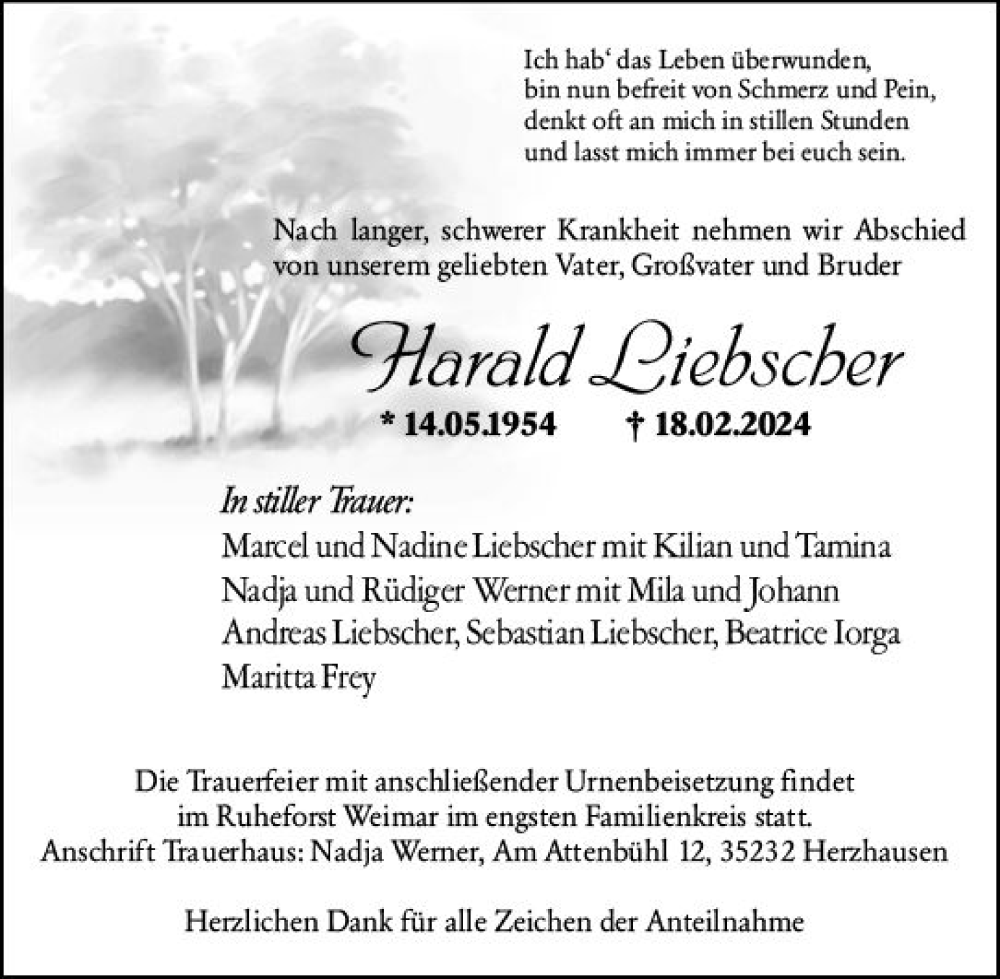  Traueranzeige für Harald Liebscher vom 22.02.2024 aus Hinterländer Anzeiger