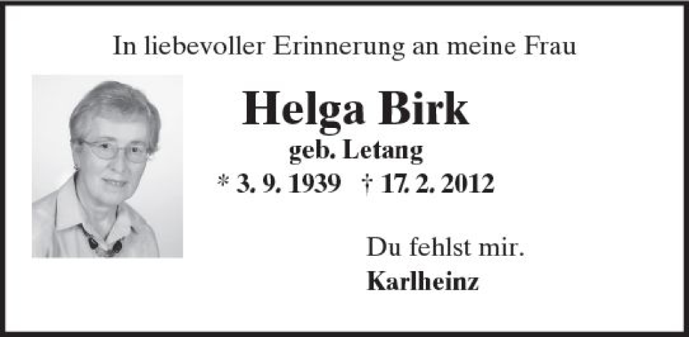  Traueranzeige für Helga Birk vom 17.02.2024 aus Wiesbadener Kurier