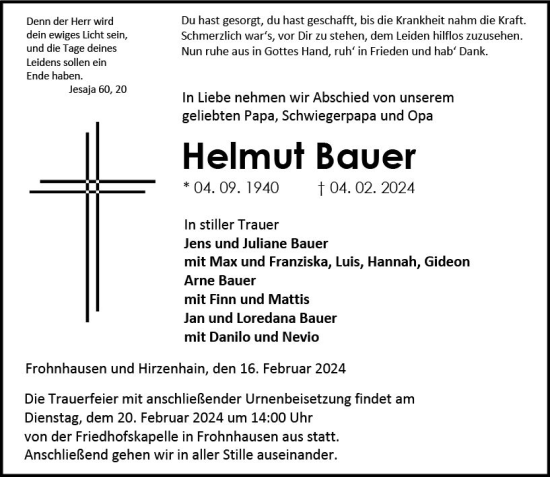 Traueranzeige von Helmut Bauer von Dill Block
