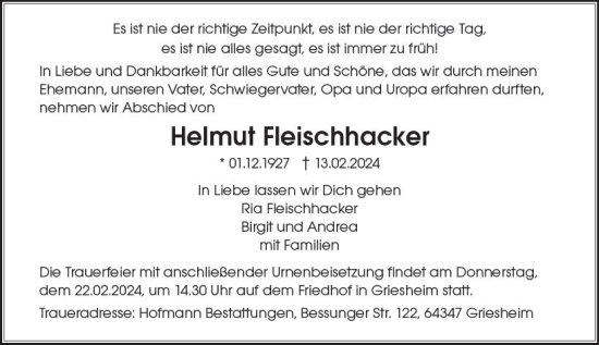 Traueranzeige von Helmut Fleischhacker von Darmstädter Echo