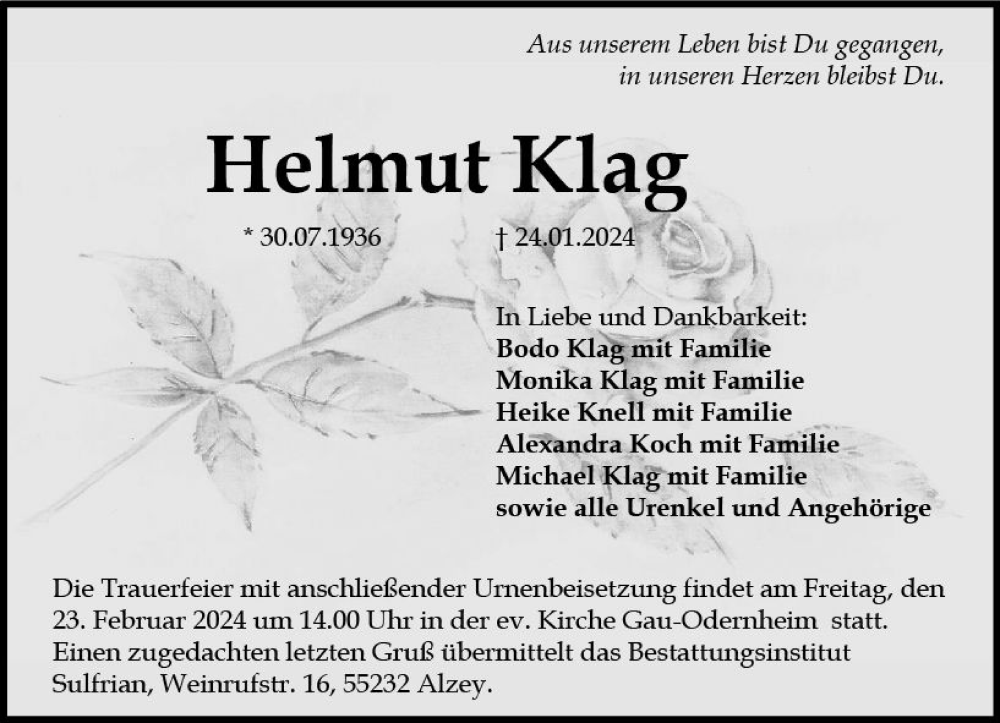  Traueranzeige für Helmut Klag vom 17.02.2024 aus Allgemeine Zeitung Alzey