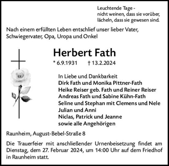 Traueranzeige von Herbert Fath von Rüsselsheimer Echo