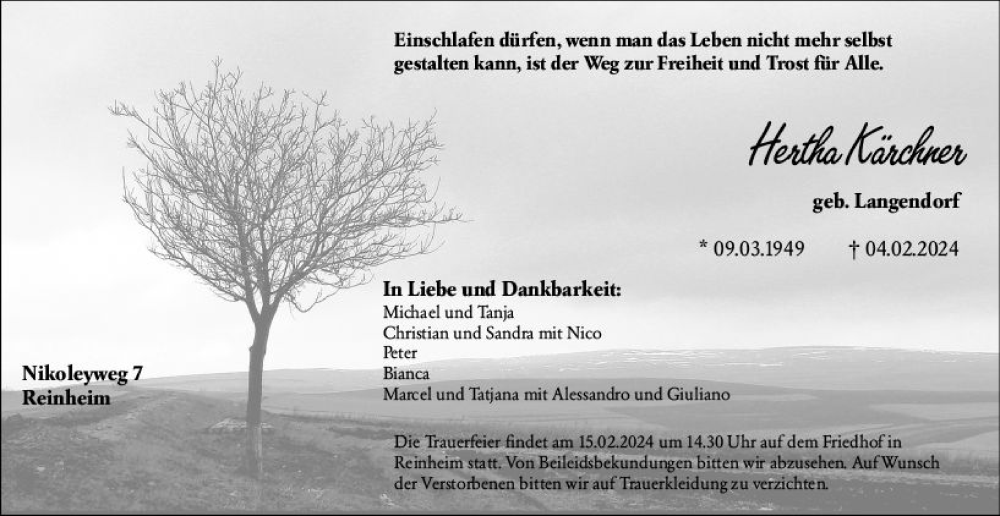  Traueranzeige für Hertha Kärchner vom 10.02.2024 aus Darmstädter Echo