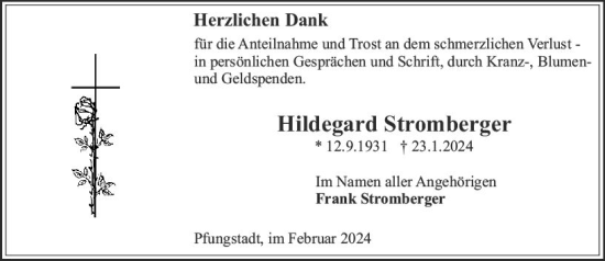 Traueranzeige von Hildegard Stromberger von Darmstädter Echo