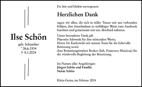 Traueranzeige von Ilse Schön von Groß-Gerauer Echo