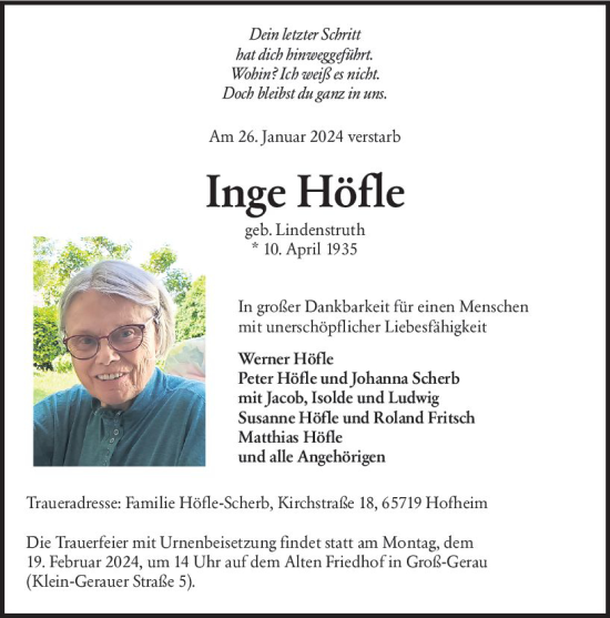 Traueranzeige von Inge Höfle von Groß-Gerauer Echo