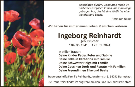 Traueranzeige von Ingeborg Reinhardt von Darmstädter Echo