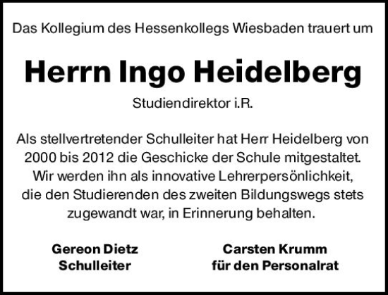 Traueranzeige von Ingo Heidelberg von Wiesbadener Kurier