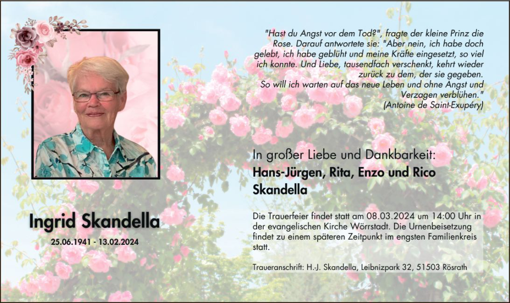  Traueranzeige für Ingrid Skandell vom 17.02.2024 aus Allgemeine Zeitung Alzey