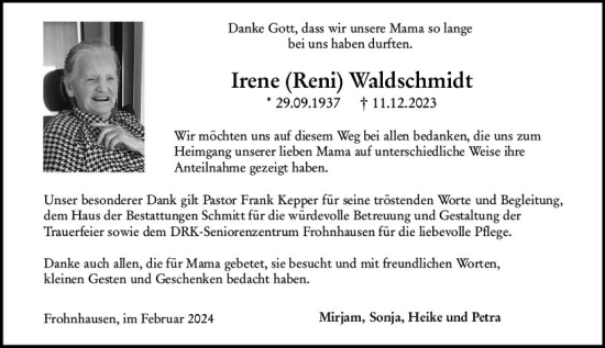 Traueranzeige von Irene Waldschmidt von Dill Block