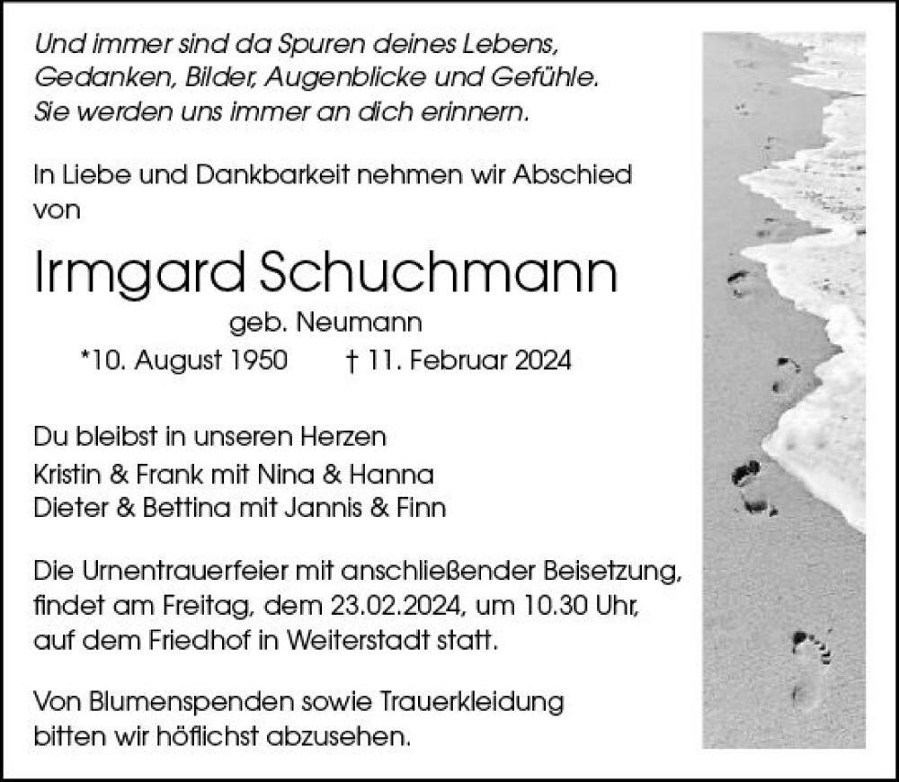  Traueranzeige für Irmgard Schuchmann vom 17.02.2024 aus Darmstädter Echo