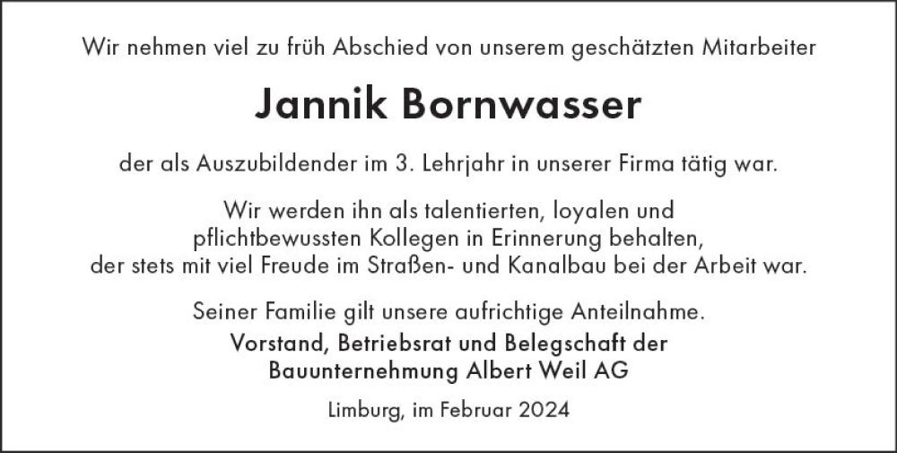  Traueranzeige für Jannik Bornwasser vom 03.02.2024 aus Nassauische Neue Presse