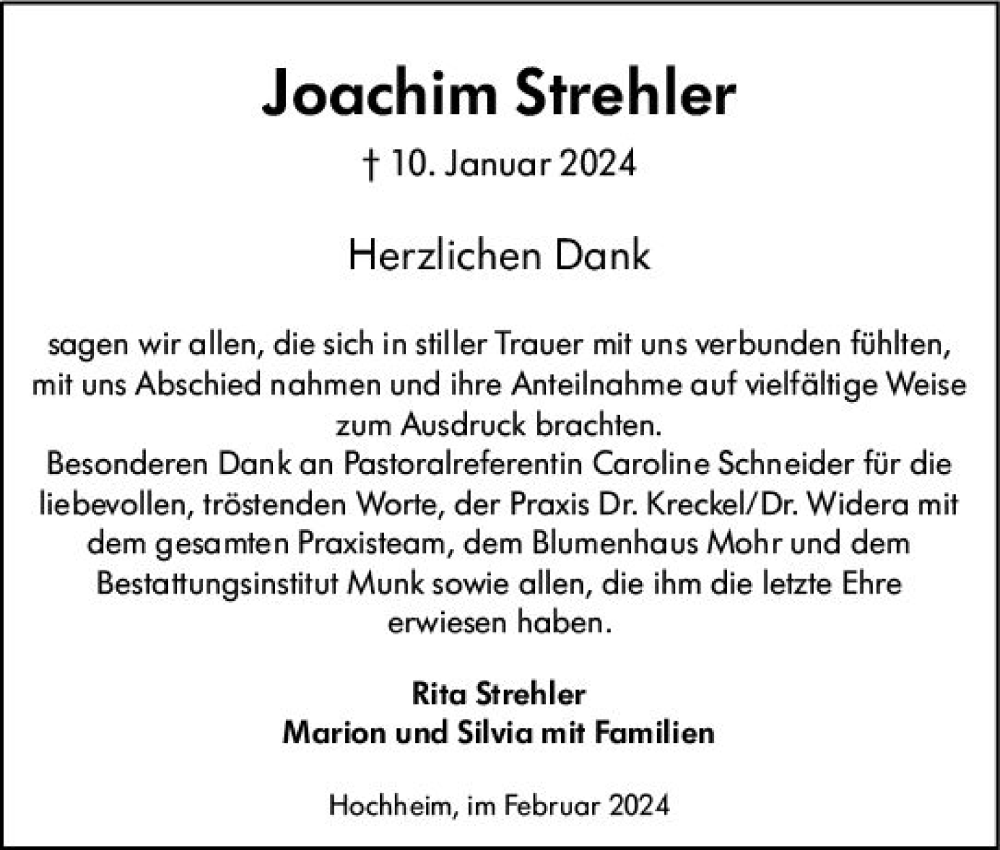  Traueranzeige für Joachim Strehler vom 02.02.2024 aus Hochheimer Zeitung