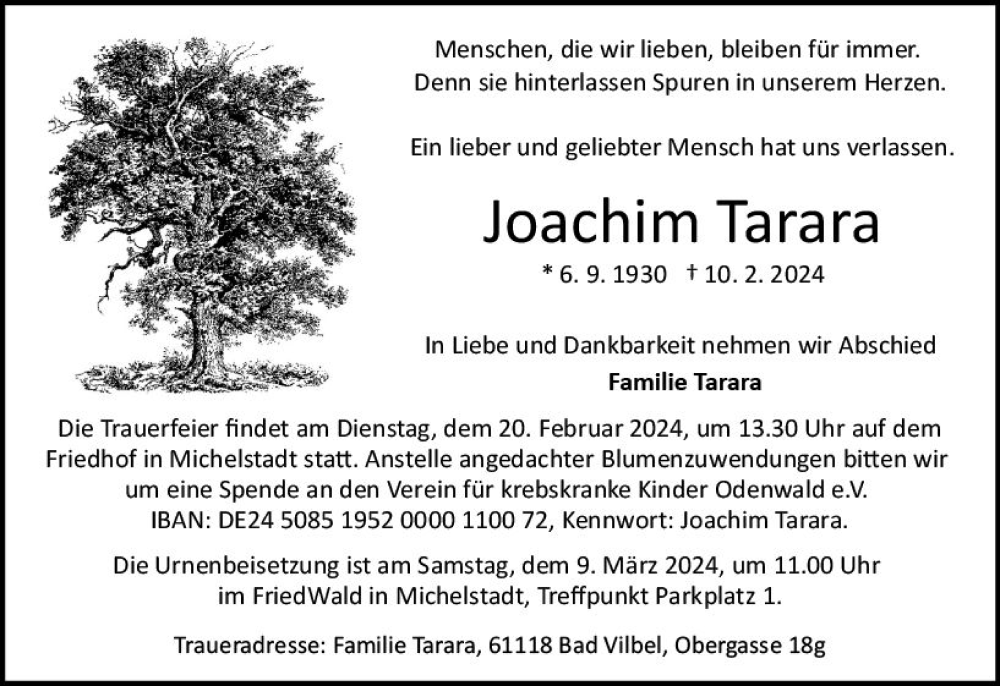  Traueranzeige für Joachim Tarara vom 17.02.2024 aus Odenwälder Echo