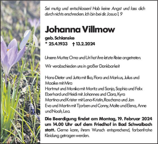 Traueranzeige von Johanna Villmow von Wiesbadener Kurier