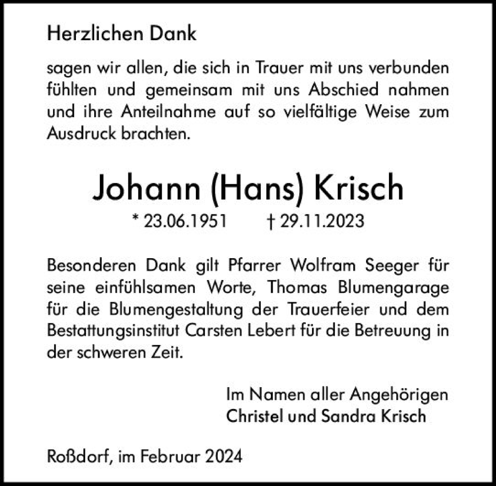  Traueranzeige für Johann Hans Krisch vom 10.02.2024 aus Darmstädter Echo