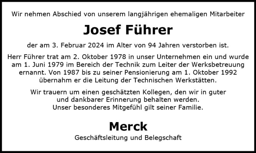  Traueranzeige für Josef Führer vom 17.02.2024 aus Darmstädter Echo