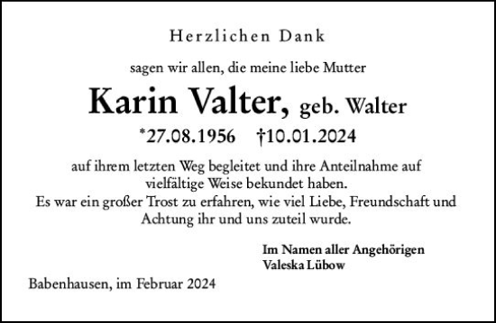Traueranzeige von Karin Valter von Odenwälder Echo