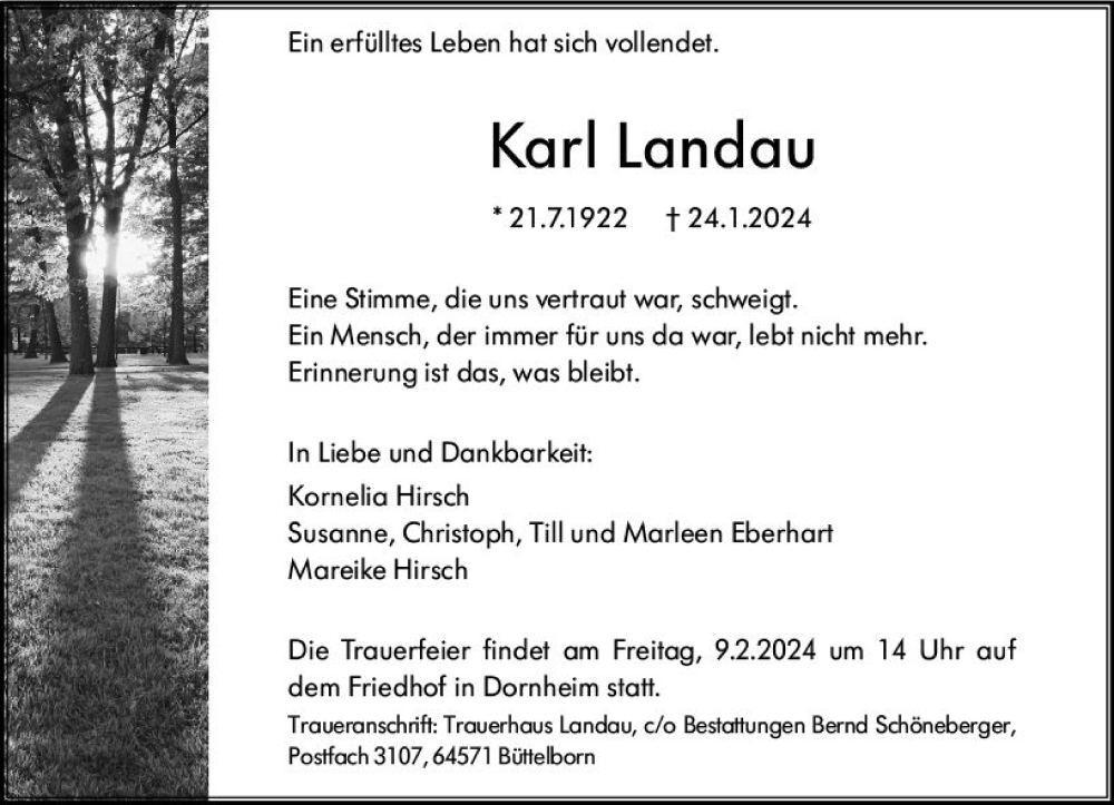  Traueranzeige für Karl Landau vom 03.02.2024 aus Groß-Gerauer Echo