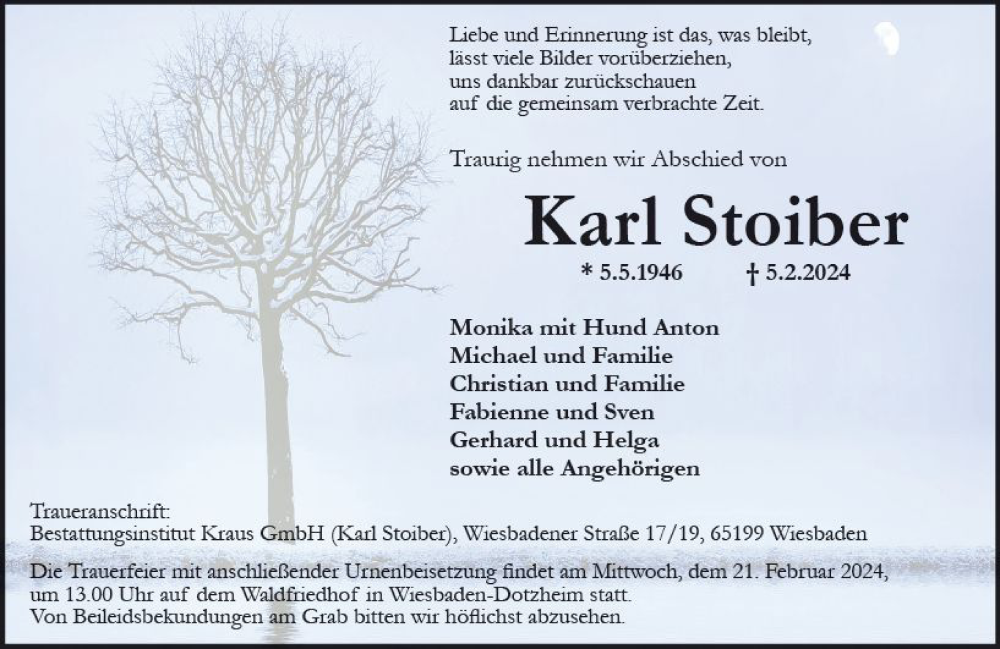  Traueranzeige für Karl Stoiber vom 17.02.2024 aus Wiesbadener Kurier