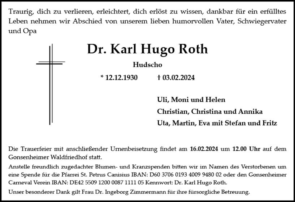  Traueranzeige für Karl Hugo Roth vom 10.02.2024 aus Allgemeine Zeitung Mainz