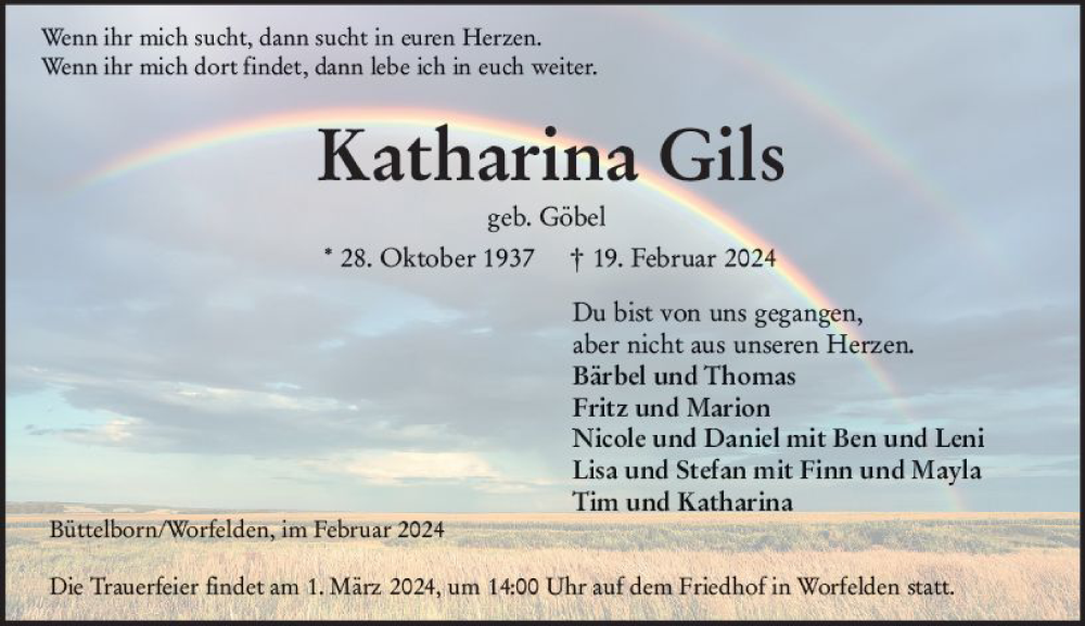 Traueranzeige für Katharina Gils vom 24.02.2024 aus Groß-Gerauer Echo