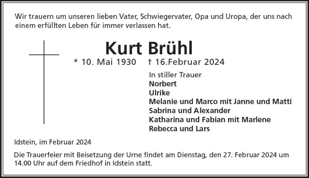  Traueranzeige für Kurt Brühl vom 24.02.2024 aus Idsteiner Land/Untertaunus