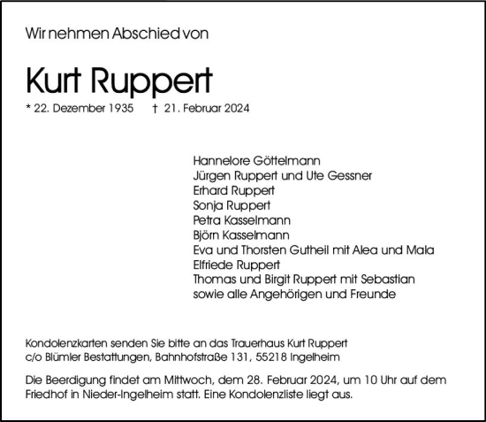Traueranzeige von Kurt Ruppert von Allgemeine Zeitung Bingen/Ingelheim