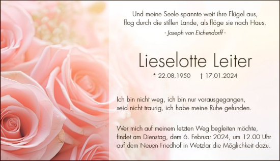 Traueranzeige von Lieselotte Leiter von Wetzlarer Neue Zeitung