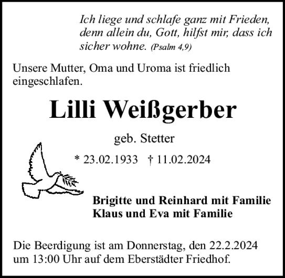  Traueranzeige für Lilli Weißgerber vom 17.02.2024 aus Darmstädter Echo